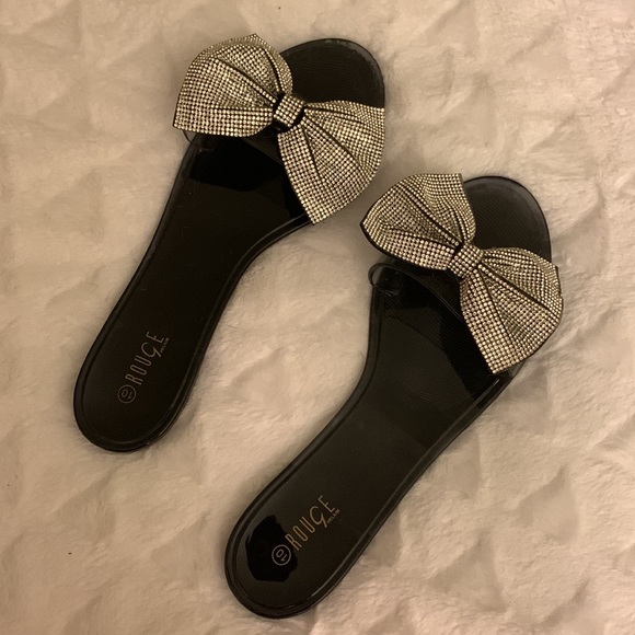 🖤Cute Black Jelly Slides with Rhinestone Bow🖤Size 10🖤 - Picture 3 of 4